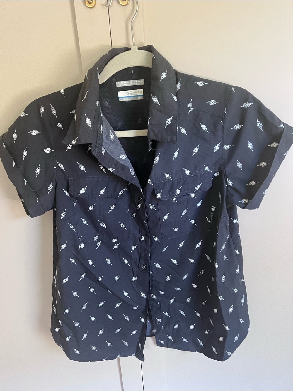 Columbia Navy Short-Sleeve Button-Down Shirt with White Print